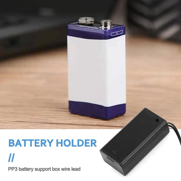 Batteriholder til 9V PP3-batteri med ledning, strømafbryder, låg og 2,1 mm-stik