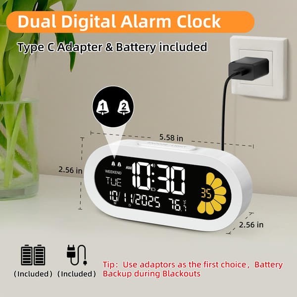 Digitalt Vækkeur til Soveværelse: Dobbelt Vækkeur Seng VA LCD-Display med Sekunder, 9 Minutters Snooze og Weekendtilstand, 3 Lysstyrker, 4 Alarmer