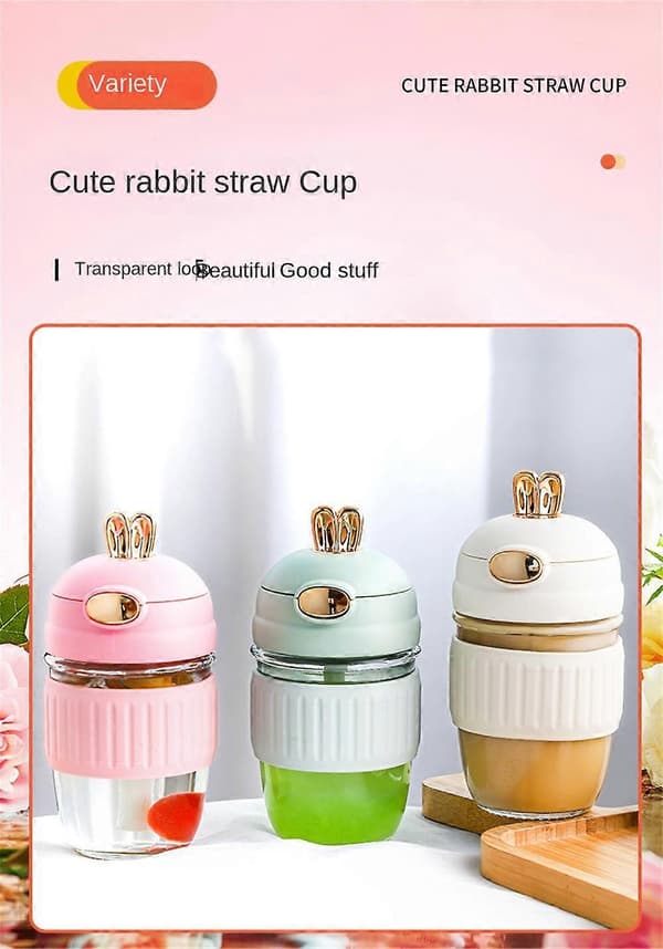 Pink Thick Glass Cup for Home Office Portable Coffee Cup Summer Drinking Cup with Lid Moe Rabbit Cup Kitchen Accessories