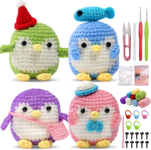 Crochet Kit for Beginners - 4 Cute Penguins, Complete Crochet Kit with Crochet Hooks and Step-by-Step Instructions