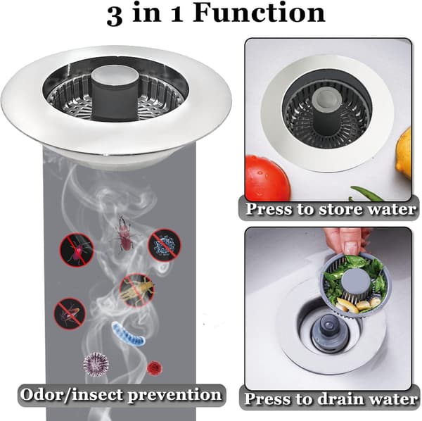 3-in-1 Sink Stopper, Pop Up Sink Drain Strainer, with an Extra Basket Strainer, Sink Drain Plug for US Standard 3-1/2