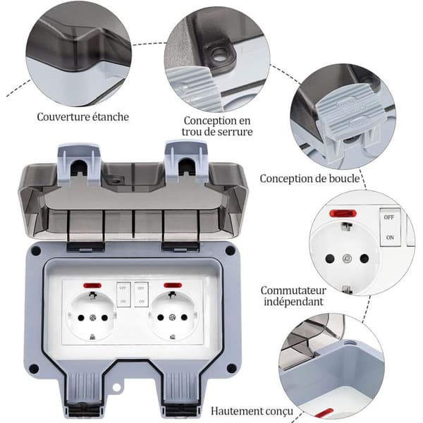 Waterproof Outdoor Socket 16A IP66 - Double Power Outlet and Protective Cover - Windproof Power Strip with Switch