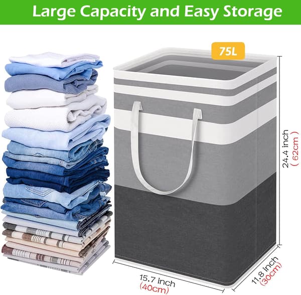 75L Large Laundry Basket Bag - Waterproof, Freestanding Laundry Hamper - Foldable Tall Laundry Basket with Extended Handles for Clothes (Gradient Grey)