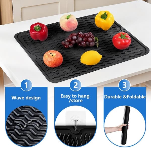 wxsp Silicone Drying Rack Mat, Silicone Dish Mat, for Kitchen Dishwashers, Quick Drying, Heat Resistant Non-Slip - Black, 30x 40