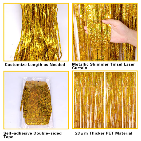 2 Pakkaa 3.2ft x 6.5ft Kultaista Metallifoliota Verhot, Suuri Laser Glitter Fringe Rain Curtain Valokuva Booth Tausta Tinsel Curtain