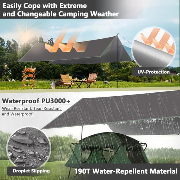 This 3x3 meter waterproof camping tarp is UV protected. It includes 6 tent pegs and 6 ropes. grey grey