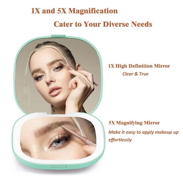 Magnifying Mirror, Travel Makeup Mirror with Light, Portable 1X/5X Magnifying Compact Mirror LED Pocket Mirror Handheld Compact Mirror Green
