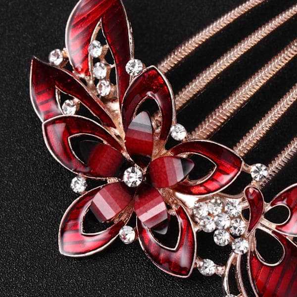 Blomsterbrudehårsidekam Rhinestone Brudekamspenne Bryllupshårtilbehør for kvinner (rød)