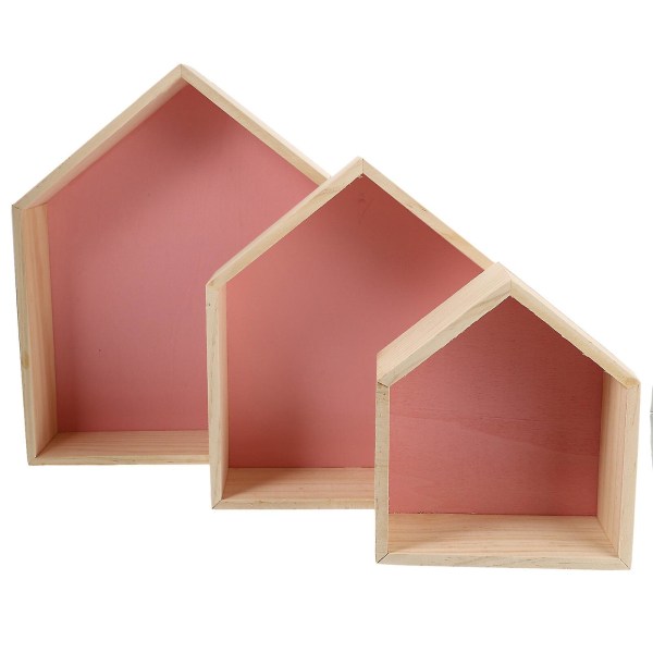 3 stk Wood House Shape Oppbevaringshyller Multifunksjons vegghyller For HomePink30X35CM Pink 30X35CM
