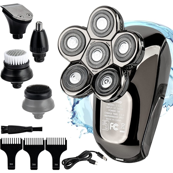 Aftagelige barbermaskiner til mænd, 5-i-1 elektrisk barbermaskine, IPX7 vandtæt barbermaskine til skaldede mænd, våd/tør LED-skærm genopladelig 7D roterende