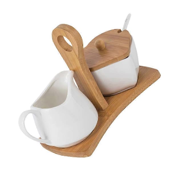 1 Set Ceramic Sugar Bowl Milk Jug Spice Storage Container With Tray And Spoon