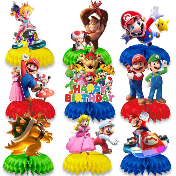 9-delt sett med Mario-tema festbursdagsdekorasjoner, 3D honningkake
