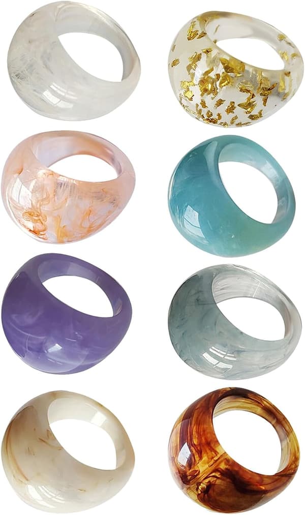 8 stk. akryl tykke harpiksringe til kvinder, knoringe, brede tykke kuppeldesign modesmykker