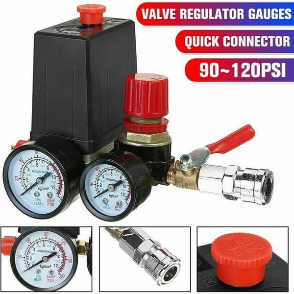 1 stk luftkompressor trykkbryter kontrollventil manifold regulator måler 90-120PSI