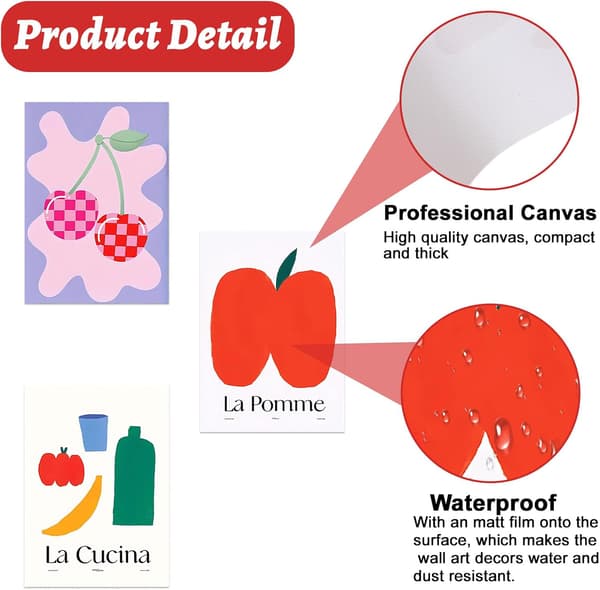 Fruit Art Prints on Canvas, Set of 6 Aesthetic Canvas Posters for Wall Display (Unframed)