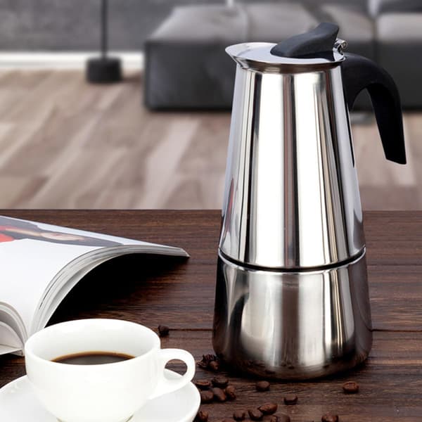 Stainless Steel Moka Pot Coffee Maker 450ml 9 Cups Cool Handle Fast Brewing Stylish Modern Design