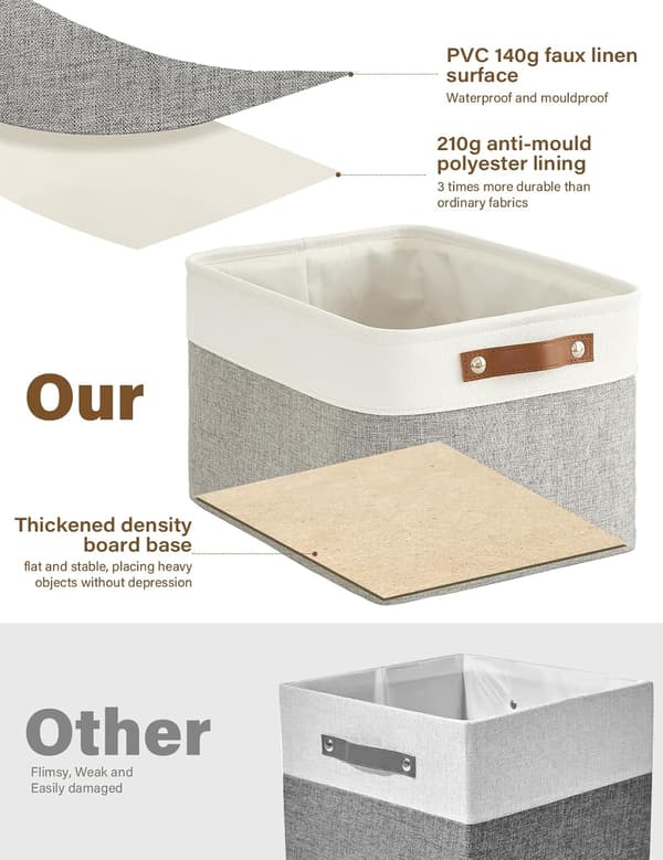 2 Pcs Foldable Storage Baskets for Shelves Wardrobe Fabric Cube 33CM Organizer Bins with Handles Waterproof Canvas Box