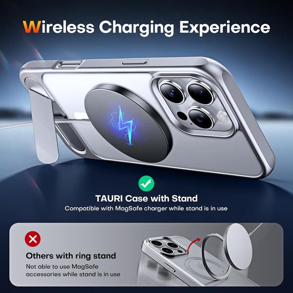iPhone 16 Pro 6.3 \" Case with Stand, MagSafe Compatible, Military Grade Protection, Transparent Matte Back Kickstand Shockproof Case - Silver