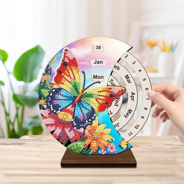 Evighetskalender Prydnad DIY Diamantkonst Målning Trä Rund Roterbar Kalender med Cirkulär Urtavla för att Ställa In Datum Bordsdekorationer