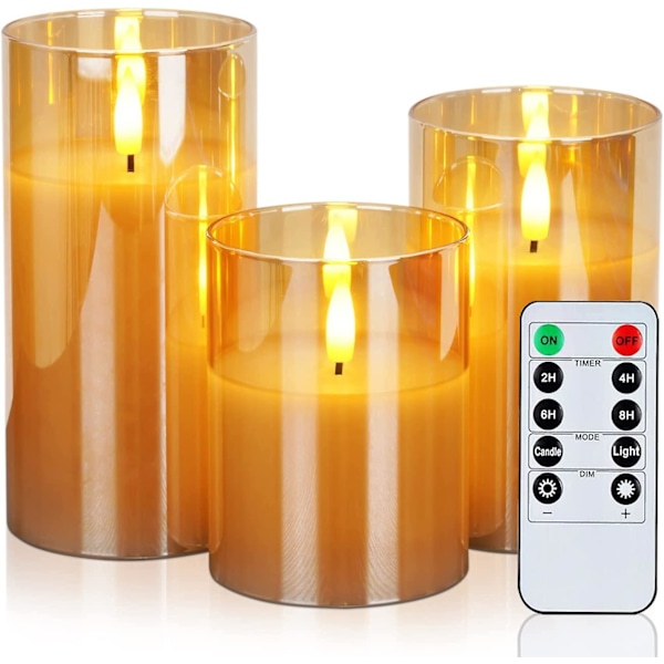 Guld Glas Flamlösa Ljus Batteridrivna Med Timer, Fjärrkontroll, LED-Stearinljus Batteridrivna, Vax, Set Om 3