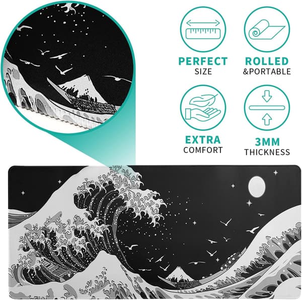 Black Ocean Wave Mouse Pad Abstract Black Gaming Mouse Pad 80x30 cm Ocean Wave Texture Non-Slip Rubber Base Wave Large Mouse Pad Stitched Edges