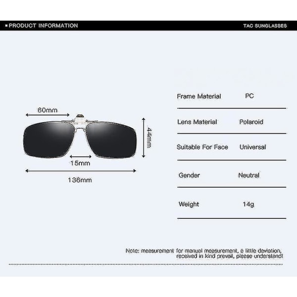 Polariserte klips-på solbriller uten ramme, klapp opp linser for briller - svart