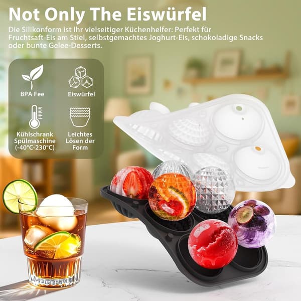 Silicone Ice Cube Mold 5 cm - 6-Hole Round Ice Ball Maker, 3 Molds for Whiskey Cocktails - Black