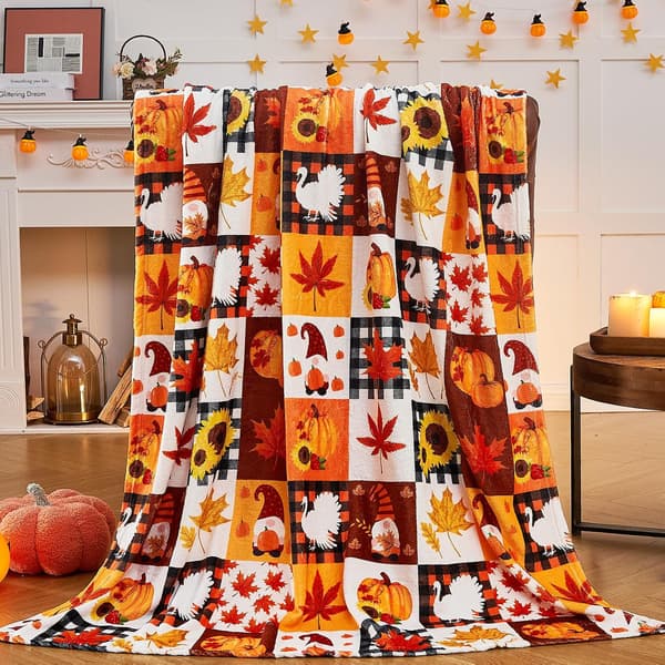 Efterårstæppe, græskarblade efterårsplaidtæppe til sofa seng sofa, orange ternet tæppe til efterår, (50\"x60\")