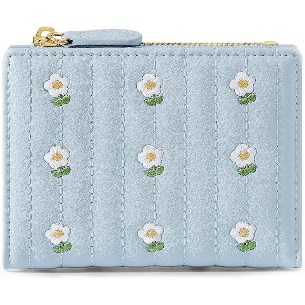 Søde piger med blomsterprint pung, lille trefoldet æstetisk pung, PU-læderpung Cash Pocket Card Holder vinduespung (blå)