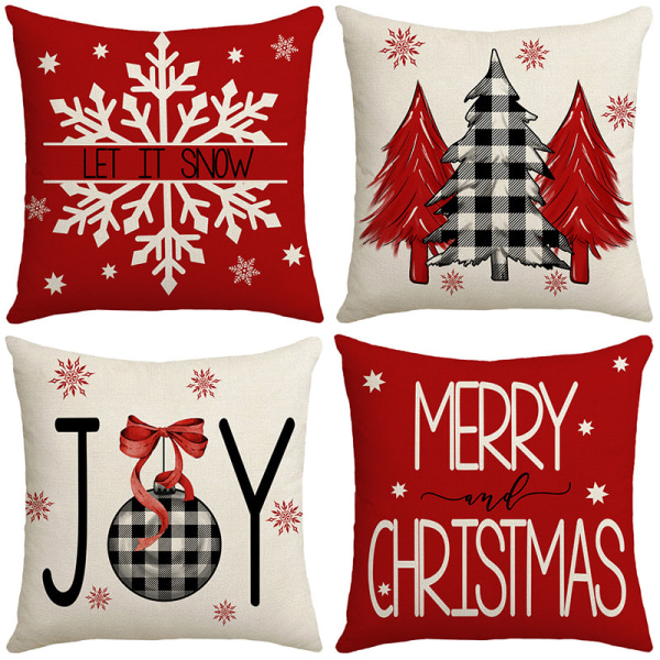 Juleputetrekk, rustikk ferielinputetrekk, rød og hvit, for sofa, lenestol, juledekorasjon A 4PCS