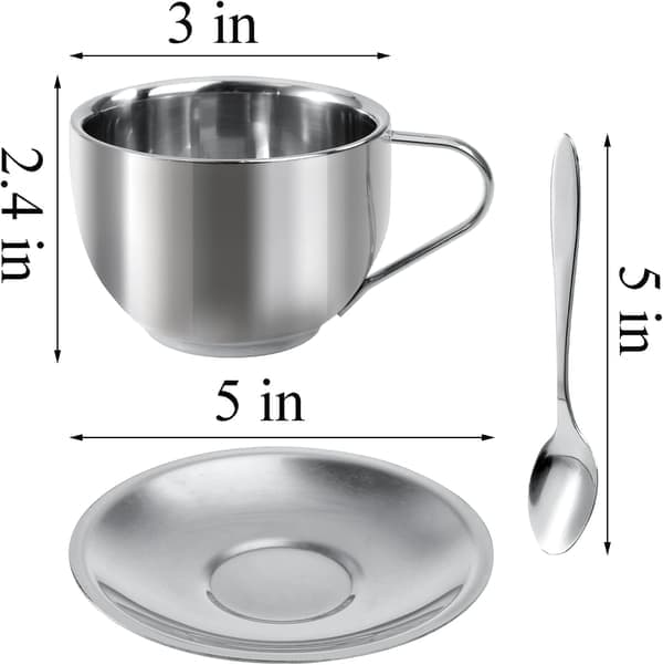 4-pak kaffekopper i rustfrit stål, 17 cl kaffekrus med ske og underkop, dobbeltvæggede espressokopper til kaffe, latte, te, mælk