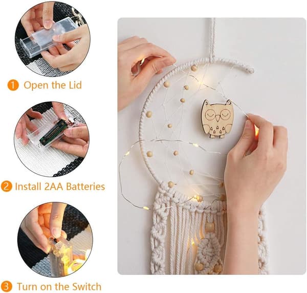 Bohemian Macrame Wall Hanging with LED Light, Cotton Crocheted Dream