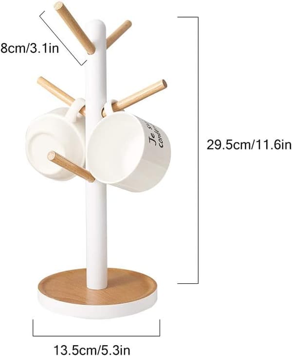Koppholder i tre, avtakbart displaystativ for kaffe- og tekopper til benk, stativ med 6 kroker (hvit) hvit White