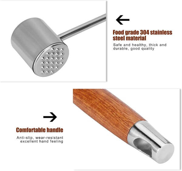 Stainless Steel Meat Tenderizer Mallet, Double-Sided Hammer with Wooden Handle for Beef, Chicken, Pork - Heavy-Duty Kitchen Tool