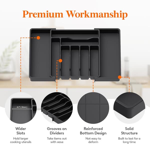 Cutlery Drawer Organizer, Extendable Cutlery Drawer Organizer for Kitchen Drawers, Adjustable Tray for Black