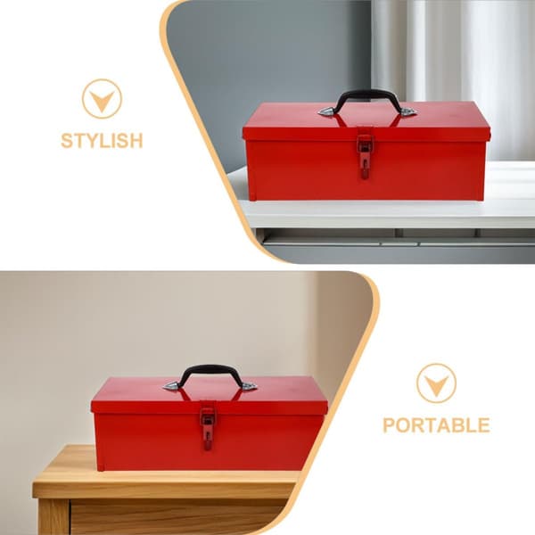 Portable Metal Toolbox with Buckle and Handle, Large Red Iron Toolbox