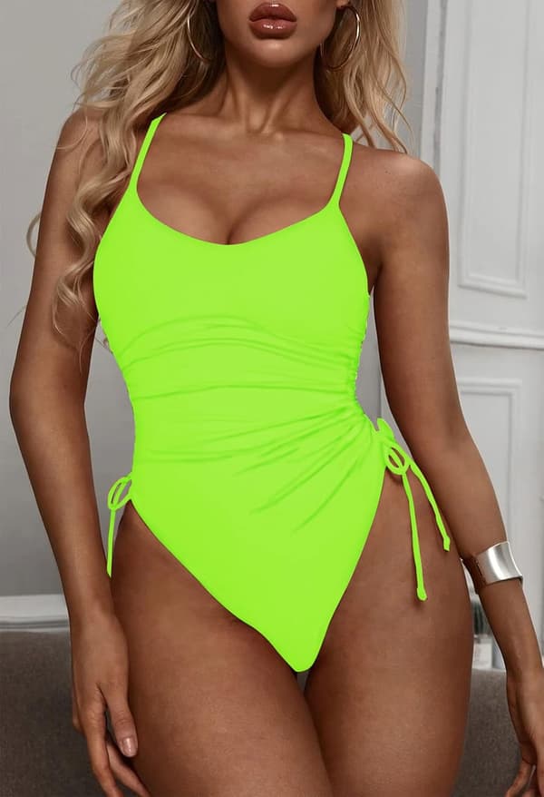 Baddräkt för damer, rynkad, hög benskärning, magkontroll, monokini, neongrön, Large