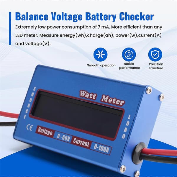 Digital Wattmeter Wattmåler Effektmåler DC 60V 100A Balanse Spenning Batterikontroll
