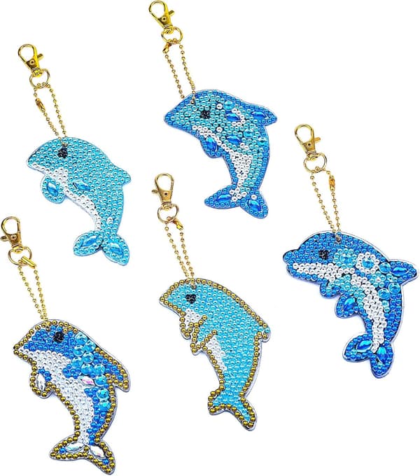 5 stk. 5D DIY Delfin Diamantmaleri Nøgleringe, Rhinestone D