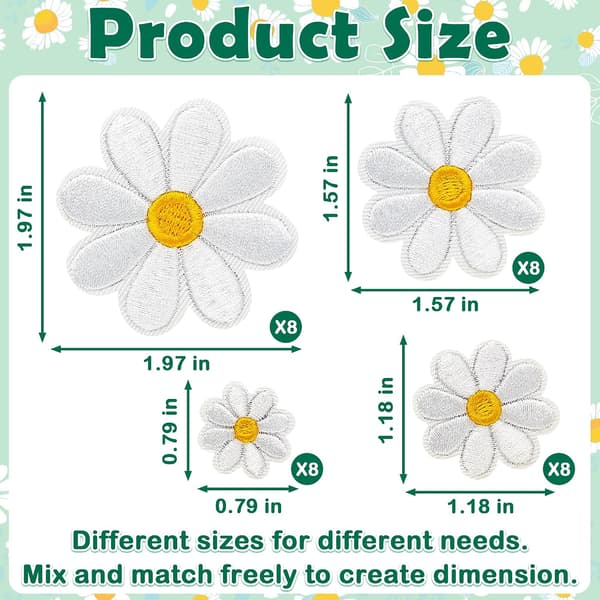 32 stk 4 størrelser Daisy Blomst Strygemærker Søde Daisy Blomster Broderi Applikationsmærke til hatte Tøj Jeans