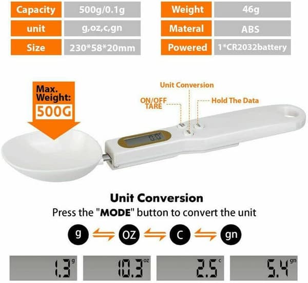 Digital LCD Spoon Scale Electronic Scale for Food, Kitchen, and Laboratory Use - 500g/0.1g