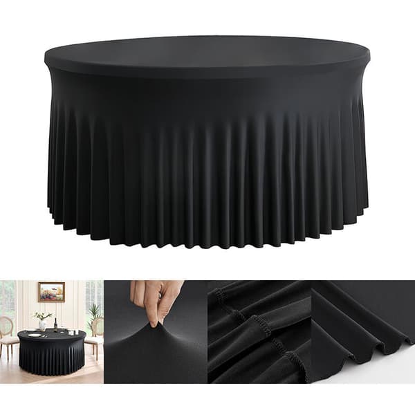 Strækbar Spandex Dug til 150 cm Rundt Bord, Sort, Passer til Bryllup, Banket & Fest, Holdbar & Elastisk