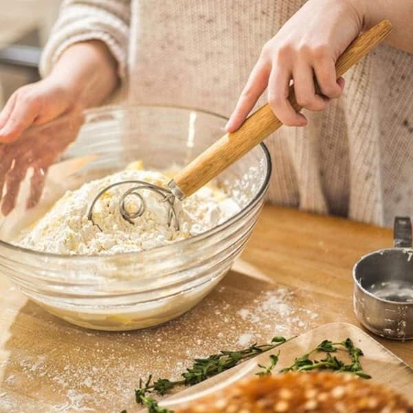 3 Pieces 13” Danish Dough Whisks, Bread Mixer, Stainless Steel Dutch Whisk with Dough Scraper (Scraper Color Random)