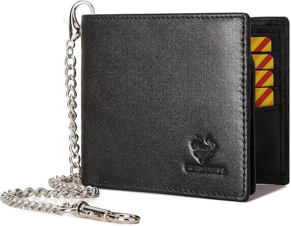 Men's Wallet with Chain Genuine Leather Wallet RFID Protected Bifold Wallet with ID Window Card Slots, Black