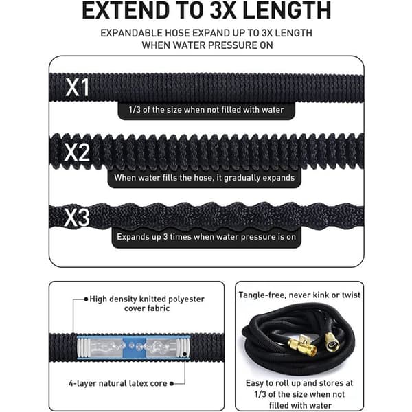 Expandable Garden Hose 30m Reinforced Adaptable 1/2\" and 3/4\" 10 Modes Black