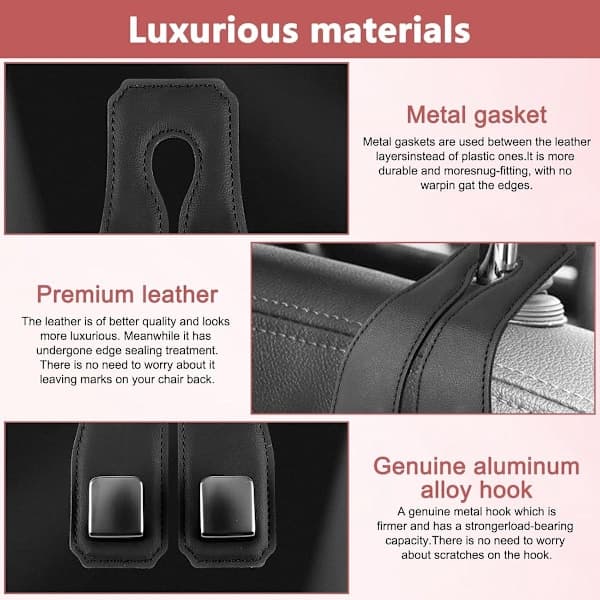 2-pack upgraded car seat hooks, premium leather headrest hooks with metal hooks, back seat storage bag (black)