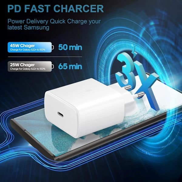 45W superhurtig USB C-oplader – til Samsung Galaxy S24/S23/S22/A54, Z Fold/Flip 5, Tab S9/S8