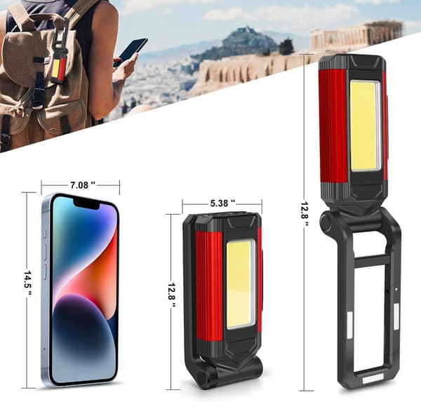 Rechargeable LED Magnetic Work Light, 7 Flashlight Modes with Stand and Carabiner, USB Charging for Camping, Hunting, and Car Repairs (2, Red)