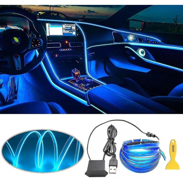Interiör LED-strip-ljus för bilar, USB neonglödande strobing elektroluminescerande trådljus med 6 mm sömnadskant, omgivande belysning (5 m/16,5 fot, blå)