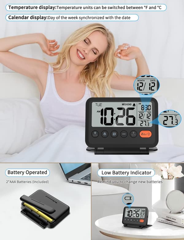 Travel Alarm Clock: 2-Level Backlight, 2 Volumes, 12/24 Hours, Calendar, Temperature, Weekend Mode, Snooze, Foldable Cover, Small Battery-Powered Di
